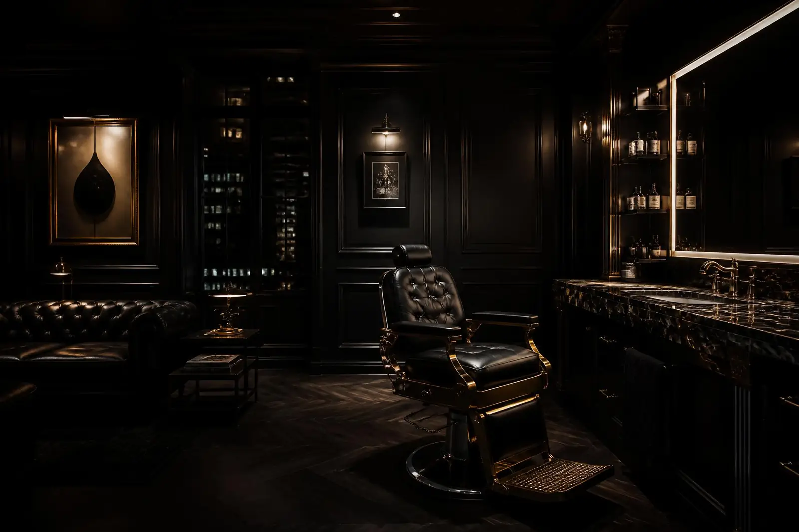 Interior of Shear Brilliance Hair Studio with a black and bronze barber chair
